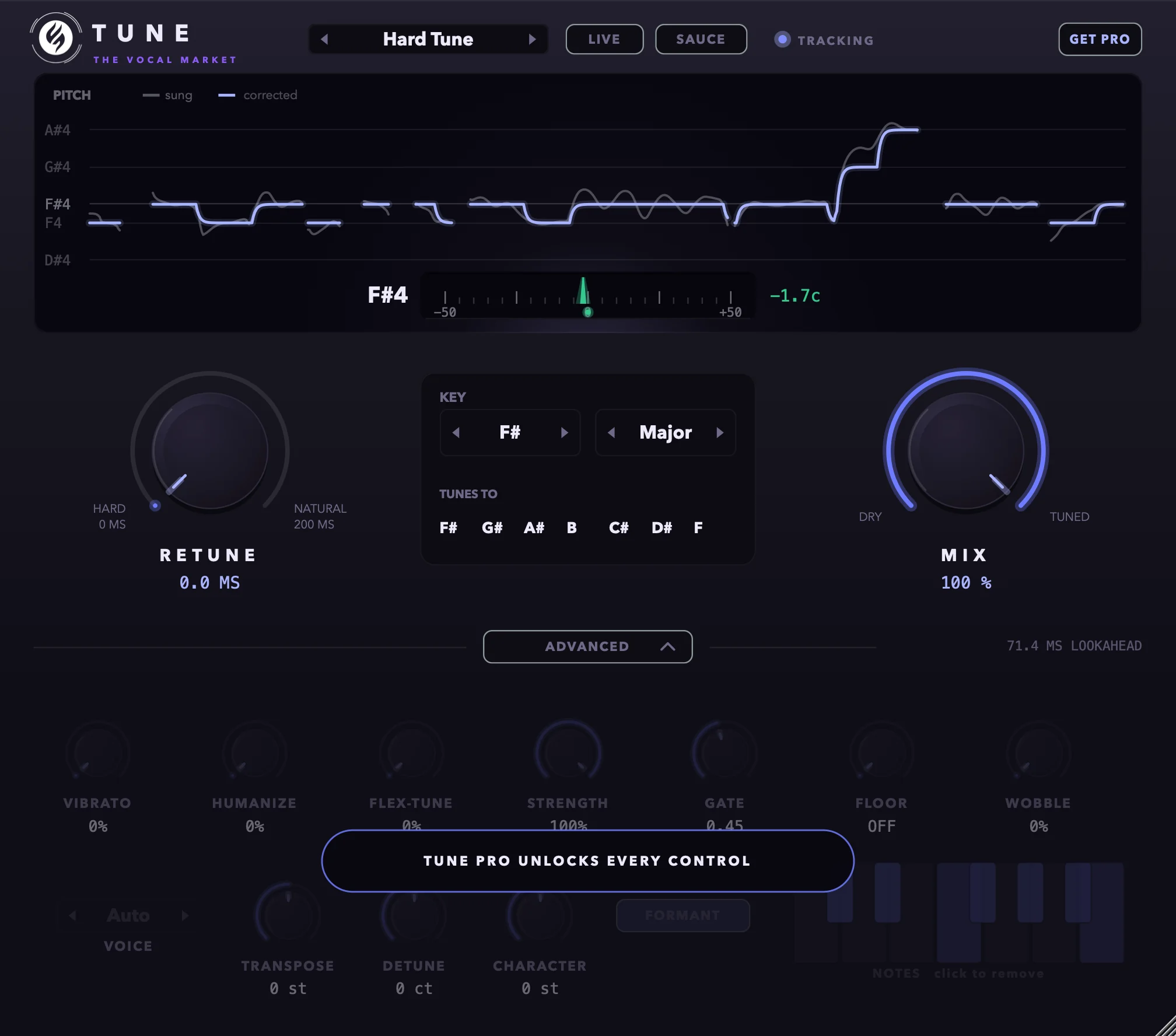 Free TUNE with the Advanced drawer open: the fine controls are dimmed and follow the preset