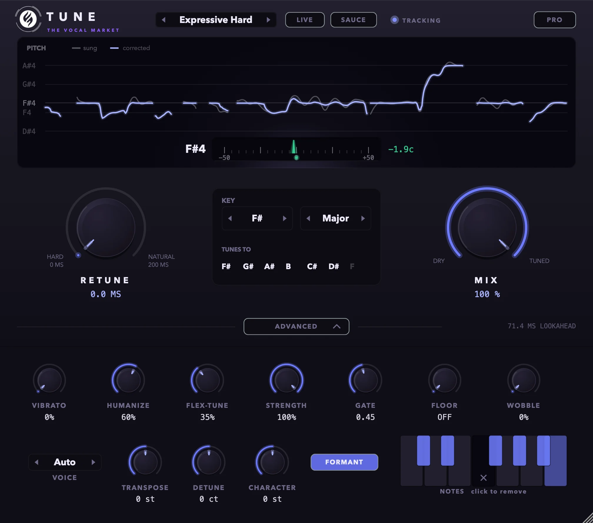 TUNE Pro with the Advanced drawer open: every fine control, the note keyboard, transpose, detune and character