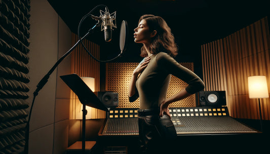  A woman singer doing a vocal warm-up exercise in a modern recording studio. She is standing with a relaxed posture, hand on her diaphragm, and mouth s