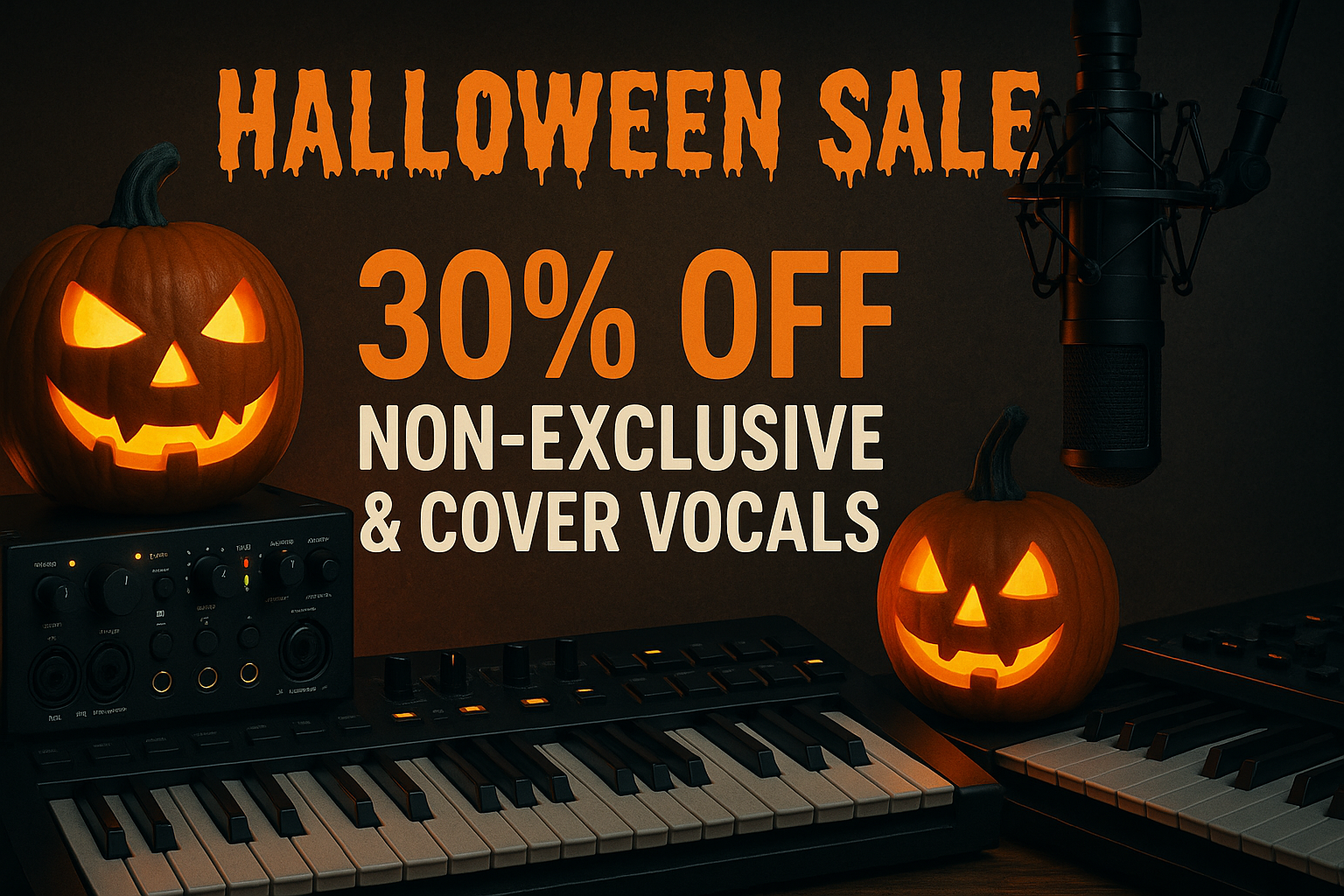 Halloween sale promotion with pumpkins, keyboard, and synthesizer on a dark background.