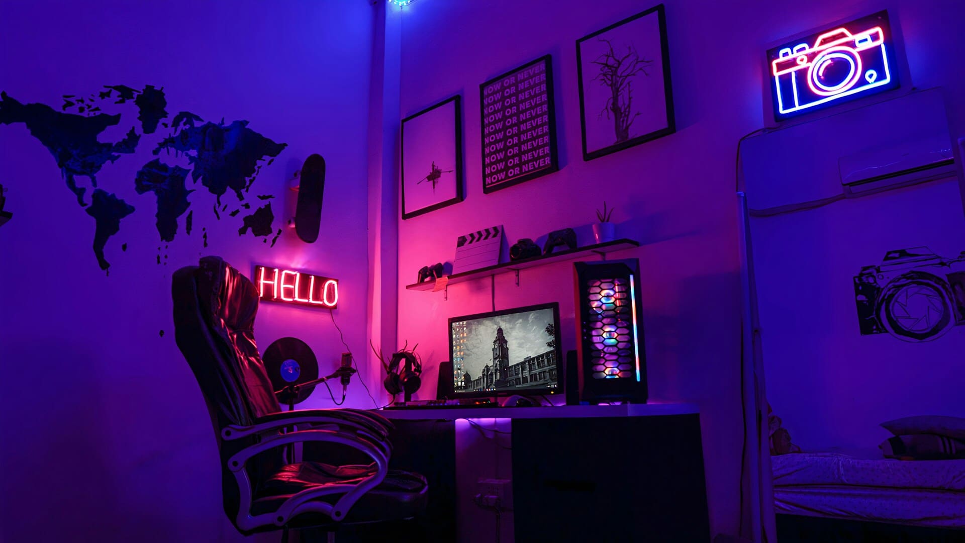 purple lit bedroom producer studio